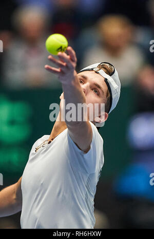 Frankfurt am Main, Deutschland. 01 Feb, 2019. Zsombor PIROS, HUN, in Aktion, Vorhand, Rückhand, Volley, Einzelaktion, tennisball, Kugel, Deutschland - UNGARN Qualifier Runde Mens Tennis Davis Cup in Frankfurt, Deutschland, 01. Februar 2019 Saison 2018/2019, Kredit: Peter Schatz/Alamy leben Nachrichten Stockfoto