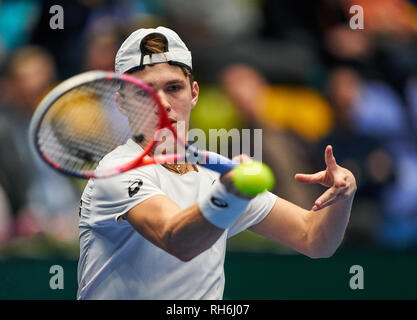 Frankfurt am Main, Deutschland. 01 Feb, 2019. Zsombor PIROS, HUN, in Aktion, Vorhand, Rückhand, Volley, Einzelaktion, tennisball, Kugel, Deutschland - UNGARN Qualifier Runde Mens Tennis Davis Cup in Frankfurt, Deutschland, 01. Februar 2019 Saison 2018/2019, Kredit: Peter Schatz/Alamy leben Nachrichten Stockfoto