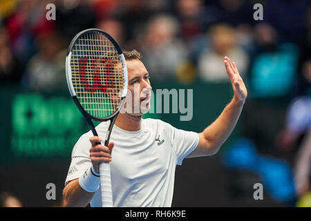 Frankfurt am Main, Deutschland. 01 Feb, 2019. Philipp KOHLSCHREIBER, GER Tennis Pro, in seinem Match gegen Zsombor PIROS, HUN DEUTSCHLAND-UNGARN Qualifier Runde Mens Tennis Davis Cup in Frankfurt, Deutschland, 01. Februar 2019 Saison 2018/2019, Kredit: Peter Schatz/Alamy leben Nachrichten Stockfoto