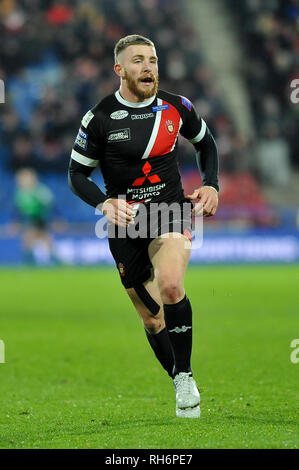 Huddersfield, Großbritannien. ,. 01. Februar 2019. John Smiths Stadion, Huddersfield, England; Rugby League Betfred Super League, Runde 1 Huddersfield Riesen vs; Salford Salford Red Devils Red Devils Jackson Hastings in Aktion. Credit: Dean Williams/Alamy leben Nachrichten Stockfoto