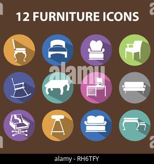 Set mit 12 Editierbare Möbel Symbole in coloful Kreis mit Schatten. Kann für Web, Mobile, UI und Infografik Design verwendet werden. Vector Illustration isolieren Stock Vektor