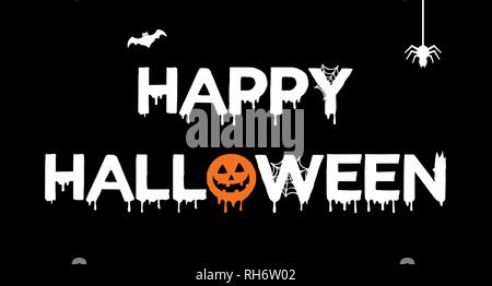 Vektor Plakat mit der Art des Happy Halloween, Kürbis, Fledermaus, Spinne und Web auf schwarzem Hintergrund. Für Banner, Grußkarte, Party Einladung. Stock Vektor