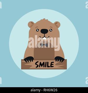 Lustige groundhog auf runden blauen Hintergrund mit Smile card. Vektor Design mit niedlichen Marmot Charakter - Plakat oder Flyer Vorlage Stock Vektor