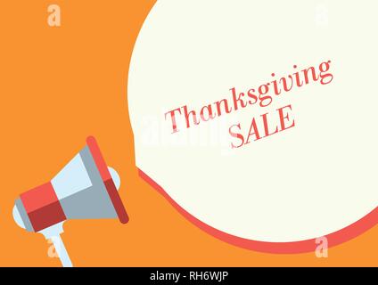 Pop Art flachen Design Vector business Abbildung Konzept bubble Rede. "Thanksgiving Verkauf!" Text. Lautsprecher digital marketing Megaphon. Stock Vektor