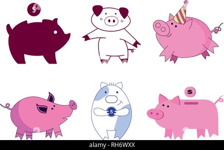 Happy Chinese New Year 2019 Sternzeichen Sammlung Jahr des Schweins Zeichen mit verschiedenen süßen Künste. Verwenden Sie für die glückwunschkarte. Stock Vektor