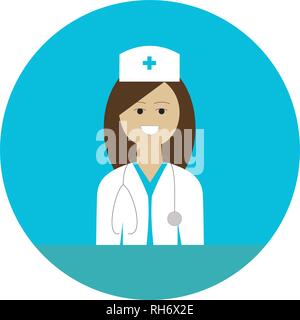 Ärztin avatar Symbol mit einem lächelnde Frau mit flachen Design Element. Modernes logo Vector Illustration Konzept. Auf blauem Hintergrund isoliert. Stock Vektor