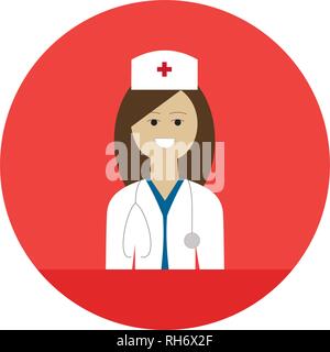 Ärztin avatar Symbol mit einem lächelnde Frau mit flachen Design Element. Modernes logo Vector Illustration Konzept. Auf roten Hintergrund isoliert. Stock Vektor