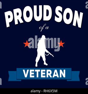 Veteran Tag Plakat. Soldat mit Gewehr, zwei patriotischen Alte rote Sterne, "stolzer Sohn von Text ein Veteran" und Dunkelblau militärischen Hintergrund Stock Vektor