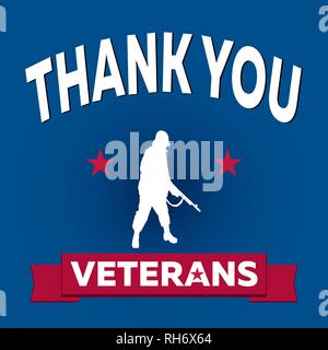 Veteran Tag Plakat. Soldat mit Gewehr, zwei patriotischen Alte rote Sterne, "DANKE VETERANS' Text und dunklen blauen Gradienten militärischen Hintergrund Stock Vektor