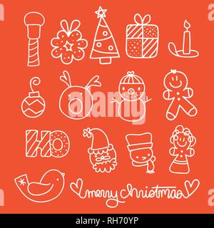 Frohe Weihnachten lustig icon Pack auf roten Hintergrund. Vektor Zeichnung Cartoon Illustration Stock Vektor