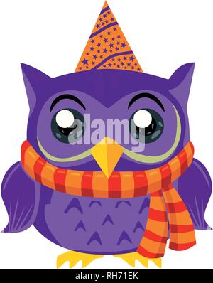 Lila Eule mit Schal und Mütze Magic Stars, weißer Hintergrund, Zeichentrickfigur isoliert auf weißem Vektor-illustration EPS 10. Stock Vektor