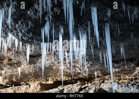 Viele Eiszapfen von der Decke der Höhle Stockfoto