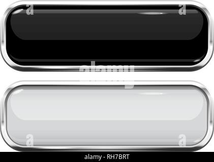 Schwarze und weiße Tasten aus Glas. Web 3d-glänzende Rechteck Symbole mit Chrome Frame Stock Vektor