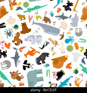 Tiere Muster Nahtlose. Tier Sammlung Hintergrund. cute cartoon Tier Textur. Dschungel und Wald der wilden Natur. Fauna von verschiedenen Kontinenten Stock Vektor