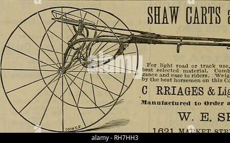 . Züchter und Sportler. Pferde. Ist alle über dem Pazifik Küste verkauft, von Washington nach Arizona. Fragen Sie danach, wo Yon gehen. Kalifornien produziert die beBt Pferde und Hunde in der Schiefer. Es produziert auch die beste Mineral T7 aters, die Napa Soda ist der FriDce. Büro- und Depot 159 New Montgomery Street, S.F., Cal. SHAW KARREN ufl SOLOES. ?* • Für leichte Straße oder Schiene nse, von den Besten aus ausgewählten Materialien hergestellt. Kombiniert llehtru'es mit fie-eance und eaae für Reiter. Gewichte 70 bis 100 i-onmis. Laed von den besten Reitern an dieser Küste. Prüfung eingeladen. RRIAGES&amp; leichte Fahrzeuge Hersteller Stockfoto