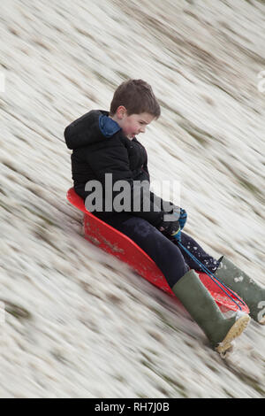 Junge sliding Down Hill auf rotem Plastik Schlitten mit minimalen Schnee Stockfoto