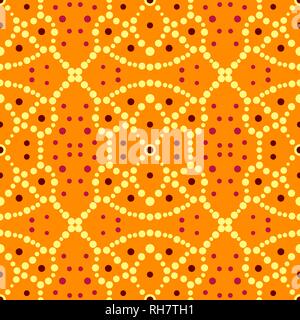 Kontrast dekorative abstrakte nahtlose Muster besteht aus vielen Punkten. Braun, Crimson und gelbe Punkte auf orangem Hintergrund. Die nahtlose Vektor für textu Stock Vektor