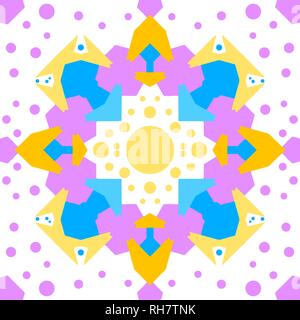 Buntes Kaleidoskop nahtlose Muster mit dekorativen Ornamenten. Zierpflanzen lebendige Hintergrund. Blau, Gelb, Violett Formen und weißen Hintergrund. Patte Stock Vektor