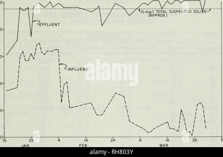 . Entfernung von Nitrat durch eine Algenblüte. Wasser; Nitrate; Wasser; Algen. Abbildung 51 - PROZENT ÜBERTRAGUNGEN VON WASSER JUNGE ZULAUF UND ABLAUF PROBEN, DIE WÄHREND DER ERSTEN DREI MONATE VON 1970 Chemische Stoffe und chemische Zusätze in diesem Zeitraum der Studie. Bevor der Filter entfernt wurde, war das Gerät erneut Verschieben von fast 100 Prozent des Zulaufs Feststoffe. (Der ef-fließend Konzentration war vermutlich größer als null, aber es könnte nicht durch die zur Verfügung stehenden analytischen Techniken gemessen werden.) Nach der Filter entfernt wurde, den Prozentsatz Ausbau von etwa 1 bis 2 Prozent mit so viel wie 27 mg/l Stockfoto