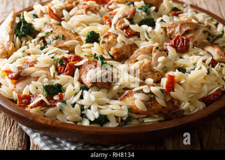 Rustikaler Stil, orzo Pasta mit Fried Chicken, getrockneten Tomaten, Spinat, Knoblauch und Käse close-up auf einem Teller auf den Tisch. Horizontale Stockfoto