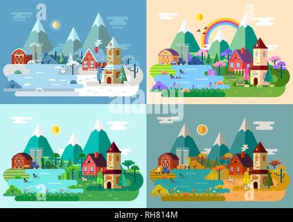 Dorf im Sommer, Winter, Herbst, Frühling. Panorama Stock Vektor
