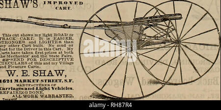 . Züchter und Sportler. Pferde. SHAW'S fllSSff ** Dieser schnitt Bhows mein Licht STRASSE ODER SCHIENE WARENKORB. Es iB zu erleichtern. Stärker und LIGHTEK als jede andere Karre gebaut. Keinen Schlamm oder Staub für den Fahrer In diesem Warenkorb. Meine Karren haben erste Preise bei den Mechanikern' und den Zustand messen. OB-SEND FÜR BESCHREIBENDE CI RCL "LARS und mein Dorf und Vergnügen Karren. W.E. SHAW, 1621 Market Street. S.F. Hersteller von CarrlaseHaml IJslit Fahrzeuge. KEPAIRIZODONE. AU. WOM WABBABTED. 7 m" Jtl. Der Sportlerinnen & Amp; Pleasure-Seekers der Southern Pacific CO. BEBFECTFTJXLY Aufmerksamkeit fordert, zu den erstklassigen Einrichtungen AF Stockfoto