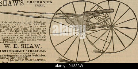 . Züchter und Sportler. Pferde. 2 RDBEW SMITH. Redwood Â" ItT. Oder bei 218 Kalifornien Slree SHAW'S VERBESSERTE WARENKORB.. Dieser Schnitt zeigt mein Licht STRASSE ODER SCHIENE WARENKORB. Es ib leichter, stärker und LIGHTEK als jede andere Karre gebaut. Keinen Schlamm oder Staub für den Fahrer in diesem Warenkorb. Meine Karren haben erste Preise bei den Mechanikern' und den Zustand messen. OS-SEND für beschreibende Rundschreiben dieses und mein Dorf und Vergnügen Carta. W.E. SHAW, die Market Street. S.F. Hersteller von Kutschen und s. iulu Fahrzeuge. REPAIKIZG GETAN. Alle WOEE WAÂ £ RAHTED, 7 mayti "H. OTBL IM del Monte", sind unübertroffen, hartne Eine M Stockfoto