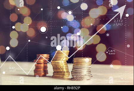 Abstrakte Stock Charts von Graph mit Münzen und unscharfen Hintergrund Business Konzept Stockfoto