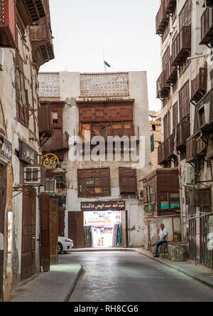 Alte Häuser mit Holz- mashrabiyas in al-Balad Viertel, Mekka Provinz, Jeddah, Saudi-Arabien Stockfoto