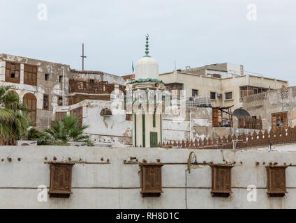 Alte Häuser mit Holz- mashrabiyas in al-Balad Viertel, Mekka Provinz, Jeddah, Saudi-Arabien Stockfoto