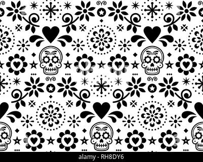 Sugar Skull Vektor nahtlose Muster von mexikanischer Volkskunst inspiriert, Dia de Los Muertos repetitive Design schwarz-weiß Stock Vektor