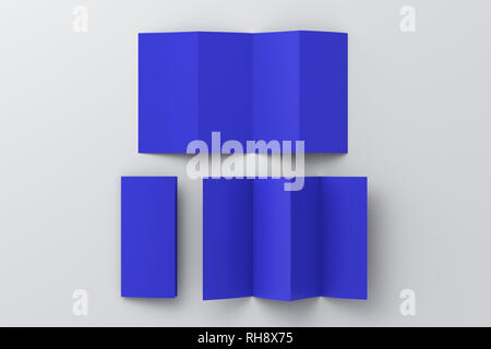 Leere blau gefaltete Papier Merkblatt auf weißem Hintergrund. Acht Seiten, vier Panel. 3D-Darstellung Stockfoto