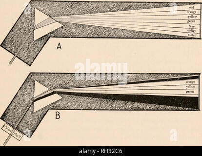 . Botanik; Grundsätze und Probleme. Botanik. Das Blatt AXC SEINE FUNKTIONEN 71 ist aufgrund niinut (&gt; uiul (MioihiousIn - Schnelle aiioiis vilji', (er Icii^ lh der Schwingung - Die Welle - Länge - dctcnnininp; die Farbe der Hght produziert. Sunhght, oder eine beliebige weiße hght, besteht aus vil) Rationen aus einer Vielfalt von (Uflerent Wellenlängen, aber wenn so das Licht durch ein Prisma bestanden diese in einen bunten Spektrum sortiert werden. Das sichtbare Spektrum erstreckt sich von der roten Strahlen der Wellenlänge von etwa 750 Millionstel Millimeter, Violett, wo es ungefähr ist 400. Thes Stockfoto