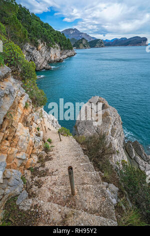 Steile, unheimlich und gefährlich felsige Treppe an den Klippen an der Küste in der Nähe von Petrovac, Montenegro Stockfoto