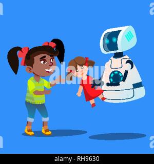 Roboter mit einem Stofftier Little Cute Girl Vektor. Isolierte Abbildung Stock Vektor