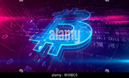 Cyber Geschäfts- und cryptocurrency Symbol auf digitalen Hintergrund. Bitcoin logo abstrakte Konzept 3D-Abbildung. Stockfoto