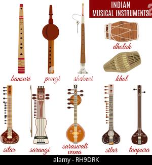 Vektor einrichten der Indische Musikinstrumente, flacher Stil. Sarangi, Sitar, saraswati Veena, shehnai, Bansuri, Pungi, Dholak und khol Symbole auf Pfingstmontag isoliert Stock Vektor