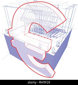 3d-Abbildung: Schematische Darstellung eines Rahmens der Bau eines Einfamilienhauses mit 3D-Bemaßungen und Währung Euro Zeichen Stock Vektor