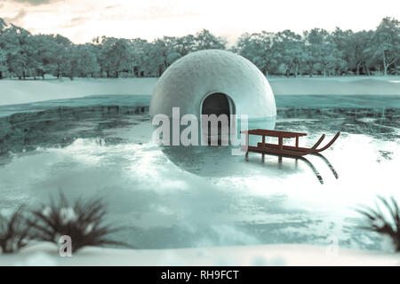 3D-Rendering von Iglu auf dem zugefrorenen See in einer Winterlandschaft Stockfoto