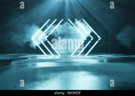 3D-Rendering des Blauen aufhellen geometrische Form Linien vor grunge Wand Hintergrund und Lichtstrahl Stockfoto