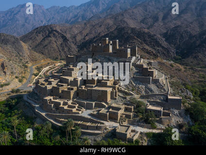 Dhee Ayn Marmor village Luftaufnahme, Al-Bahah region, Al Mukhwah, Saudi-Arabien Stockfoto