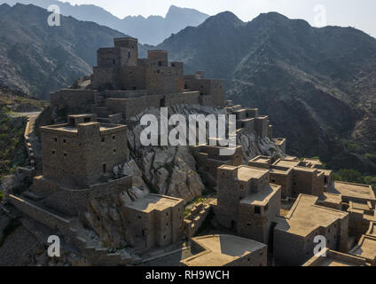 Dhee Ayn Marmor village Luftaufnahme, Al-Bahah region, Al Mukhwah, Saudi-Arabien Stockfoto