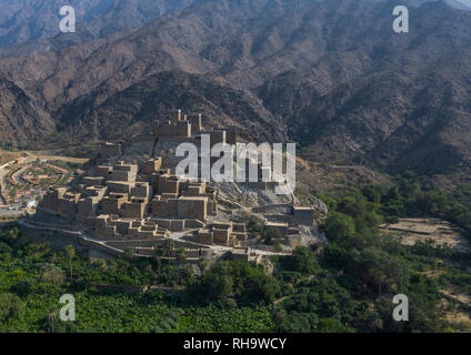 Dhee Ayn Marmor village Luftaufnahme, Al-Bahah region, Al Mukhwah, Saudi-Arabien Stockfoto