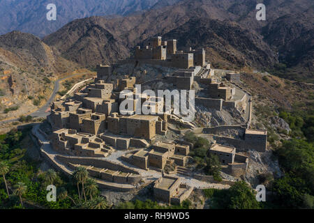 Dhee Ayn Marmor village Luftaufnahme, Al-Bahah region, Al Mukhwah, Saudi-Arabien Stockfoto