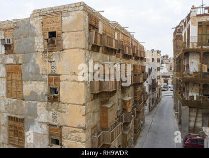 Luftbild der alten Häuser mit hölzernen mashrabiyas in al-Balad Viertel, Mekka Provinz, Jeddah, Saudi-Arabien Stockfoto