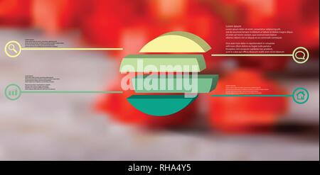 3D-Illustration Infografik Vorlage. Die geprägte Ring ist auf vier Farbe verschoben Teile gegliedert. Objekt ist auf verschwommenes Foto Hintergrund angeordnet. Farbe Stock Vektor