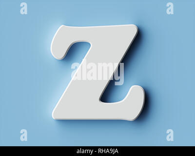White Paper schreiben Alphabet Buchstaben Z Font. Vorderansicht Hauptstadt Symbol auf blauem Hintergrund. 3D Rendering illustration Stockfoto