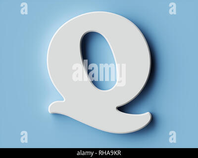 White Paper schreiben Alphabet Buchstaben Q Font. Vorderansicht Hauptstadt Symbol auf blauem Hintergrund. 3D Rendering illustration Stockfoto