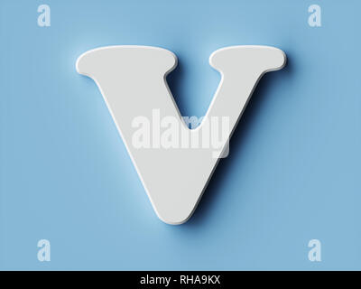 White Paper schreiben Alphabet Charakter V Font. Vorderansicht Hauptstadt Symbol auf blauem Hintergrund. 3D Rendering illustration Stockfoto