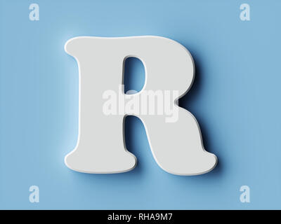 White Paper schreiben Alphabet Charakter R Font. Vorderansicht Hauptstadt Symbol auf blauem Hintergrund. 3D Rendering illustration Stockfoto